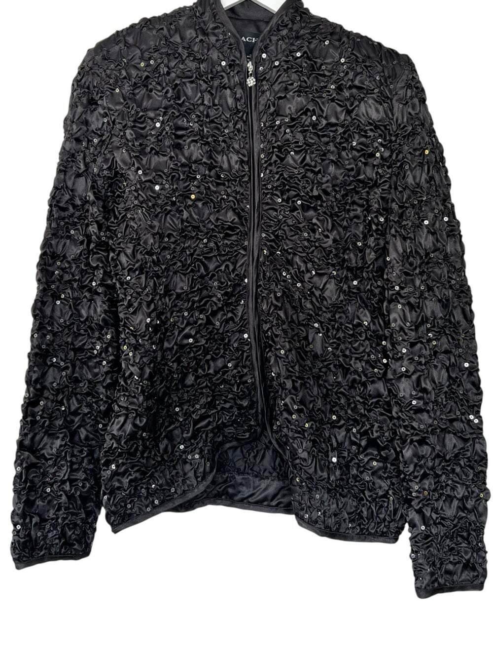 Y2K Disco Vintage Cachet Crinkle SEQUIND Stretch Black Satin ZIP Jacket M Medium
